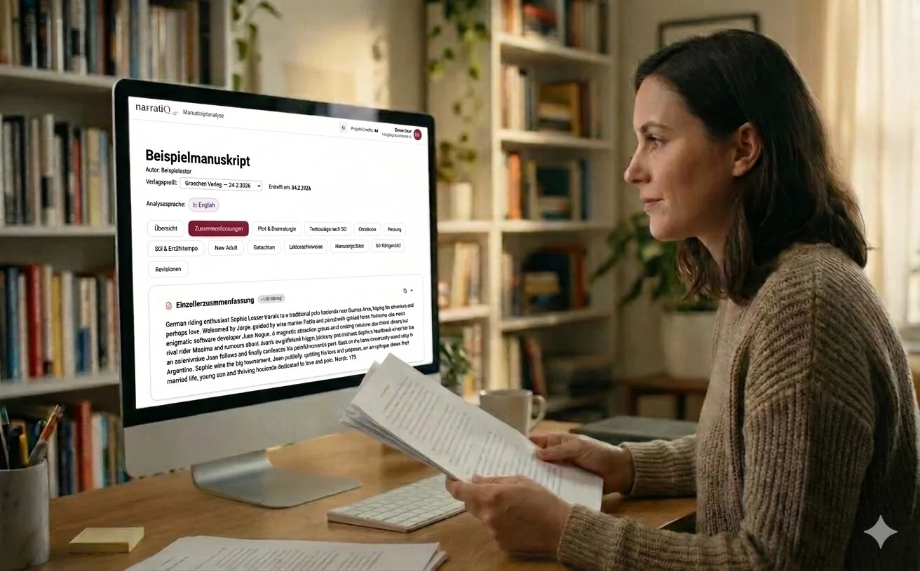 Lektorin bewertet Manuskript mit narratiQ-Analyse auf dem Bildschirm