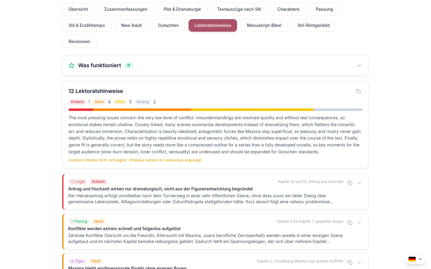 Lektoratshinweise mit Priorität und Kapitelzuordnung