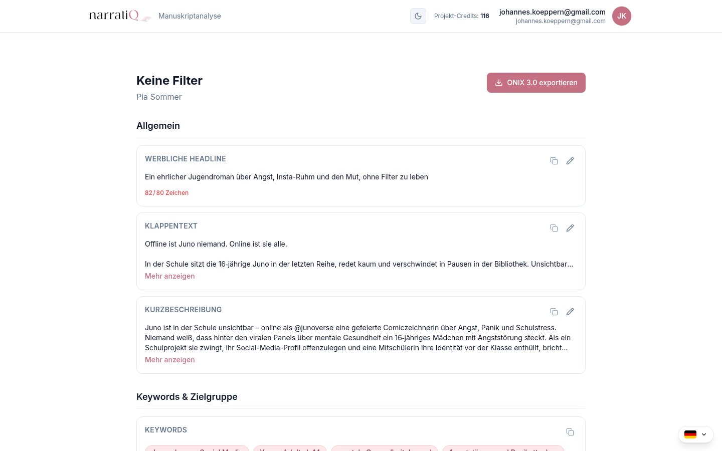 narratiQ Metadaten-Ansicht mit Klappentext, Keywords und Plattform-Tabs